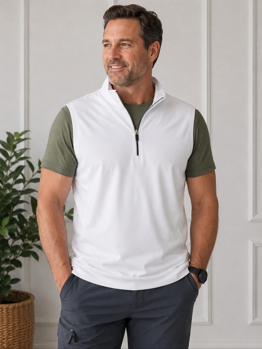 Robert Graham Stiles Mens  Quarter Zip Sleeveless Golf Polo Top White SZ S **nwt